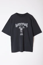 Trendyol Black Oversize/Wide Cut Aged/Faded Effect Rock Print 100% Cotton T-Shirt