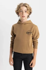 DEFACTO Boys Brown Pocket Text Printed Hooded Thick School Sweatshirt