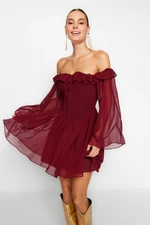 Trendyol bordó deréknyitó/gördeszkás bélelt flounce sifon elegáns estélyi ruha