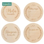 Bopoobo Baby Wooden Spanish French Milestone Card Engraved Wooden Hello World Milestone Newborn Children Photography Props Toys