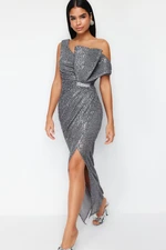 Trendyol Gray Stone Accessory Detailed Woven Sequin Long Evening Dress