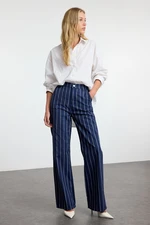 Trendyol Navy Blue Chain Striped High Waist Wide Leg Jeans