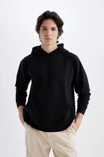 DEFACTO Black Oversize Wide Pattern Hooded Kangaroo Pocket Thick Basic Plain Sweatshirt