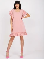 Light pink cotton dress with ruffle and V-neck