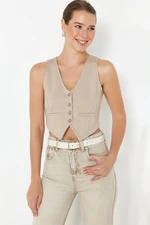 Trendyol Mink Button Detailed V-Neck Crop Regular/Normal Cut Flexible Knitted Vest