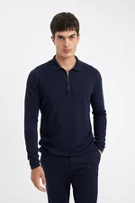 DEFACTO Men's Navy Blue Standard Fit Regular Cut Stand Collar Semi Zipper Knitwear Sweater