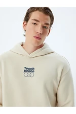 Koton Hooded Sweatshirt Oversize Slogan Printed Basic Kangaroo Pocket Detailed Raised Cotton Blend