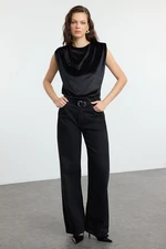 Trendyol Black Padding and Gathering/Drape Detailed Regular Knitted Blouse