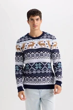 DEFACTO Standard Fit Crew Neck Christmas Themed Knitted Sweater