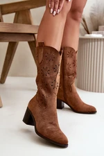 Women's mid-calf openwork boots made of eco suede brown Nevilos