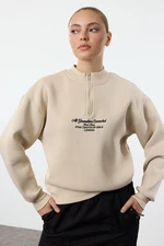 Trendyol Stone Thick Inside Fleece Zipper Stand Collar Oversize/Wide Fit Knitted Sweatshirt