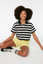 Trendyol Black and White Striped Crop Polo Neck Knitted T-Shirt