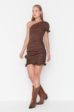 Trendyol Brown Petite One-Shoulder Draped Woven Dress