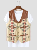 Mens Ethnic Printed Leather Patchwork Sleeveless V Neck Waistcoats