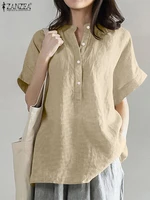 Solid Button Stand Collar Short Sleeve Loose Casual Blouse