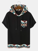 Mens Geometric Print Patchwork Chest Pocket Short Sleeve Hooded T-Shirts