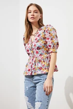 Trendyol Multicolored Woven Balloon Sleeve V-Neck Floral Shirt