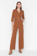 Trendyol Brown Belted Long Overalls, Woven Double Breasted Collar