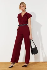 Trendyol Burgundy Belted Double Breasted Collar Wide Leg Woven Jumpsuit