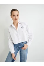 Koton Crop Oversize Poplin Shirt Embroidery Detailed Buttoned Cotton Striped Collar