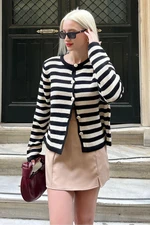 Madmext Black Striped Crew Neck Gold Button Detailed Cotton Cardigan