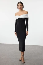 Trendyol Black-White Carmen Collar Detailed Knitted Elegant Evening Dress