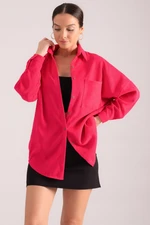 armonika Women's Fuchsia Pocket Oversize Slim Ribbed Velvet Shirt