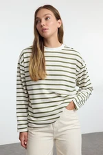 Trendyol Khaki Striped Oversize/Wide Cut Crew Neck Thin Knitted Sweatshirt