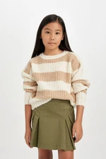 DEFACTO Girl Beige Striped Regular Fit Crew Neck Knitwear Sweater