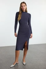 Trendyol Anthracite Plain Drape Detailed Slit High Collar Fitted Flexible Knitted Dress