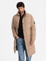 Ombre Men's quilted long jacket with detachable hood - beige