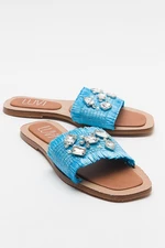 LuviShoes NORVE Bebe Blue Women's Slippers with Straw Stones.