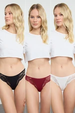 Trendyol Black-Burgundy-White 3-Pack Cotton Lace Detailed Brazilian Knitted Panties