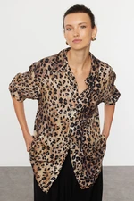 Trendyol Brown Leopard Animal Patterned Oversize Woven Wide Pattern Shirt