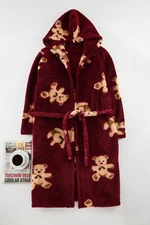 Trendyol Claret Red Belted Teddy Bear Hooded Wellsoft Winter Knitted Dressing Gown