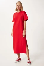 Happiness İstanbul Women's Red Cotton Summer Casual Combed Dress