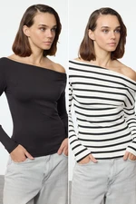 Trendyol Black-Black Striped Soft Touch/Soft Fabric Fitted Stretchy Knitted Blouse