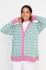 Trendyol Pink Crowbarn Patterned Knitwear Cardigan with Stripe Detail on the Collar