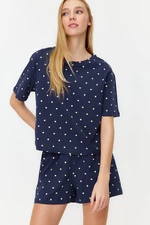 Trendyol Navy Blue 100% Cotton Heart Patterned T-shirt-Shorts Knitted Pajama Set