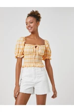 Koton Crop Blouse with Balloon Sleeves Gippe Detailed Square Neck.