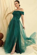 By Saygı Frilly Belted Collar And Sleeves Lined Long Tulle Dress