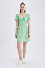 DEFACTO Heart Collar Floral Balloon Sleeves Mini Short Sleeve Woven Dress