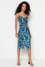 Trendyol Blue Patterned Pleated Tulle Knitted Dress