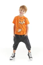 Denokids Orange Fox Boys Orange T-shirt Dark Gray Capri Shorts Set