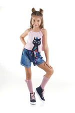 Mushi Flower Garden Girls' Pink Straps T-shirt with Denim Shorts Summer Suit