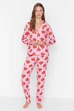 Trendyol Pink Heart Patterned Shirt Collar Viscose Woven Pajamas Set