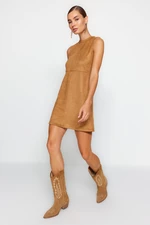 Trendyol Camel Crew Neck Shift / Plain Mini semiš pletené šaty s prošíváním detail