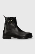 Kožené členkové topánky Tommy Hilfiger BELT BOOTIE LEATHER dámske, čierna farba, na plochom podpätku, FW0FW07479