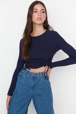 Trendyol Navy Blue Shirred Detailed Fitted Crop Crew Neck Ribbed Cotton Stretch Knit Blouse