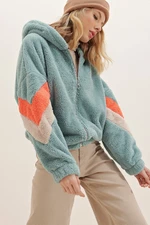 Trend Alaçatı Stili Women's Mint Hoodie with Zippered Sleeves Color Block Oversized Plush Sweatshirt